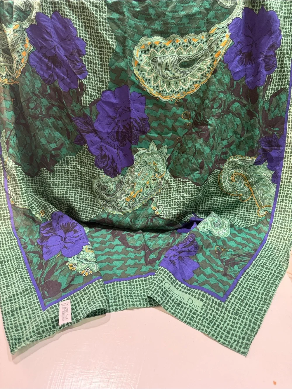 Christian Dior vintage Green Two-Tone Paisley Silk Scarf 🧣 with Purple Flowers